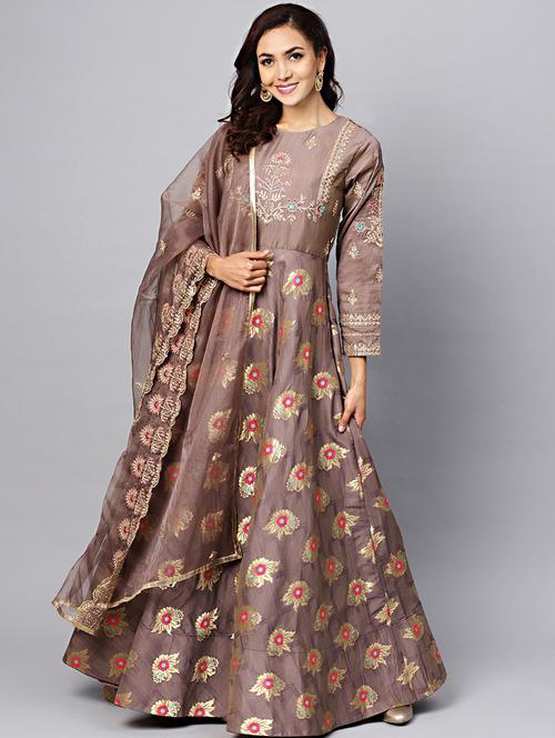 self design silk blend flared gown - 17089677 - Very Small Image - 1