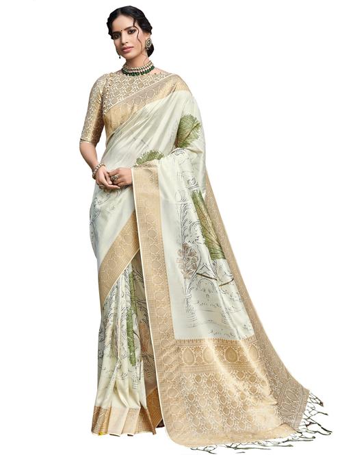 offwhite kora silk printed saree with blouse - 17091111 - Very Small Image - 1