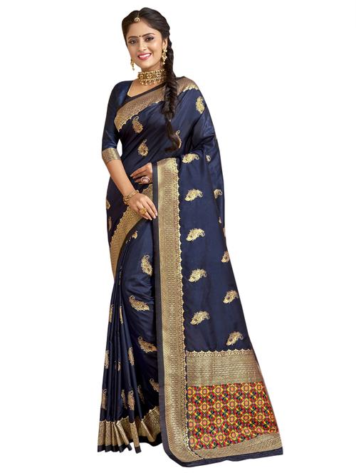 navy kora silk saree with blouse - 17091121 - Very Small Image - 1