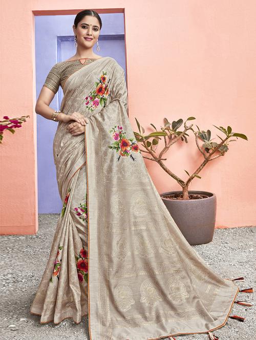 floral chanderi saree with blouse - 17091245 - Very Small Image - 1