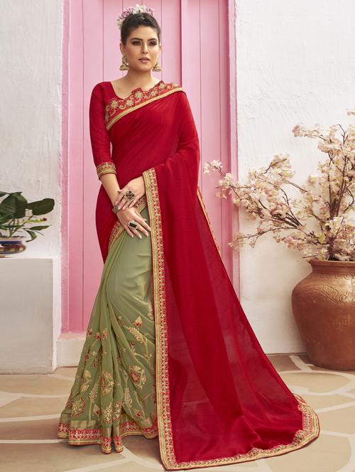 bordered half and half saree with blouse - 17091262 - Very Small Image - 1