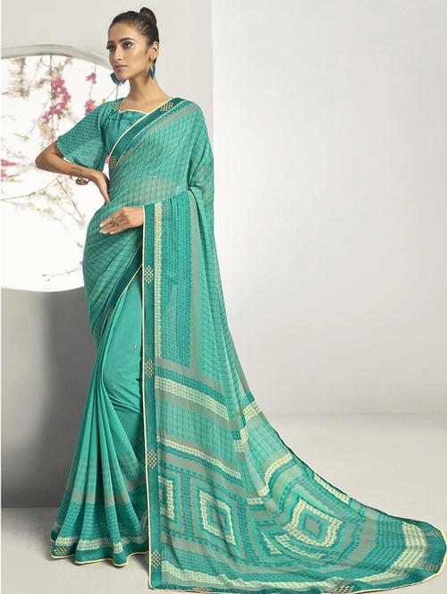 turquoise georgette printed saree with blouse - 17091305 - Very Small Image - 1