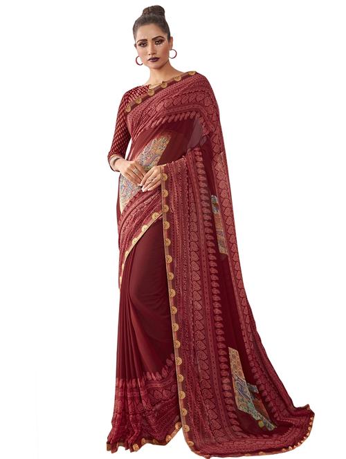 maroon georgette printed saree with blouse - 17091332 - Very Small Image - 1