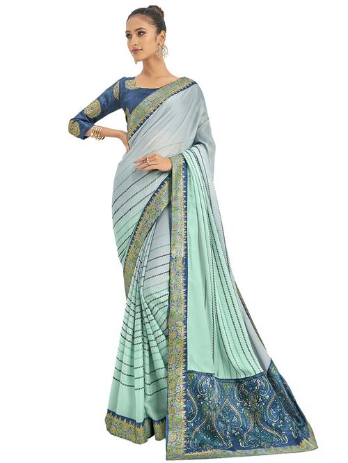 turquoise chiffon printed saree with blouse - 17091378 - Very Small Image - 1