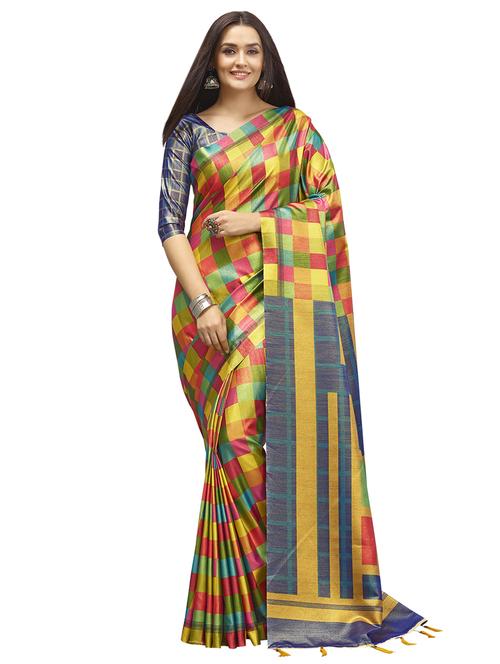 checkered woven saree with blouse - 17091992 - Very Small Image - 1