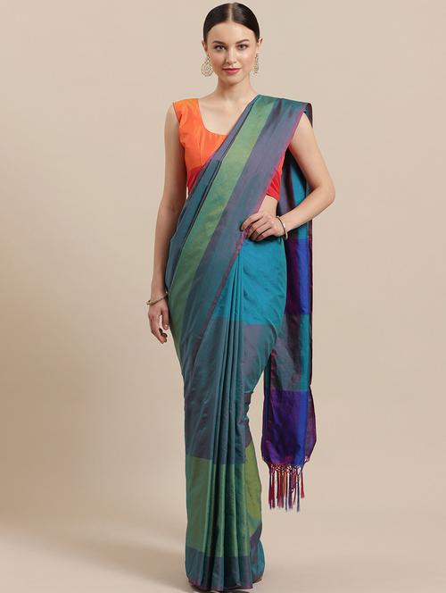 color block woven saree with blouse - 17092028 - Very Small Image - 1