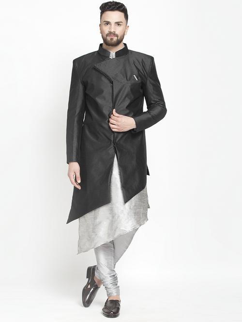 black jacquard silk blend sherwani set - 17095220 - Very Small Image - 1