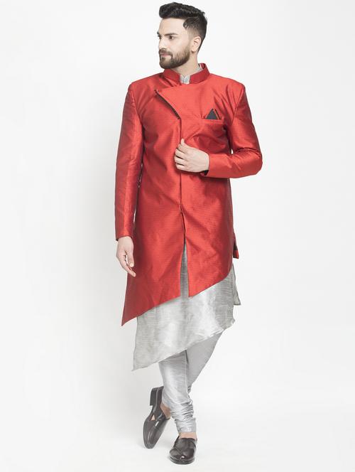 red jacquard silk blend sherwani set - 17095222 - Very Small Image - 1