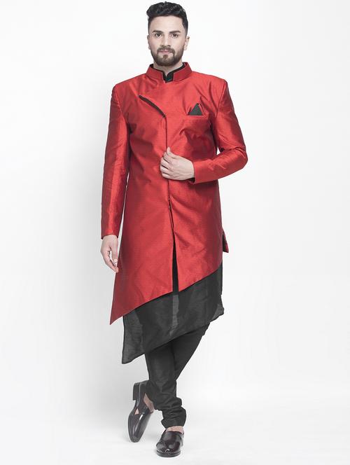 red jacquard silk blend sherwani set - 17095229 - Very Small Image - 1