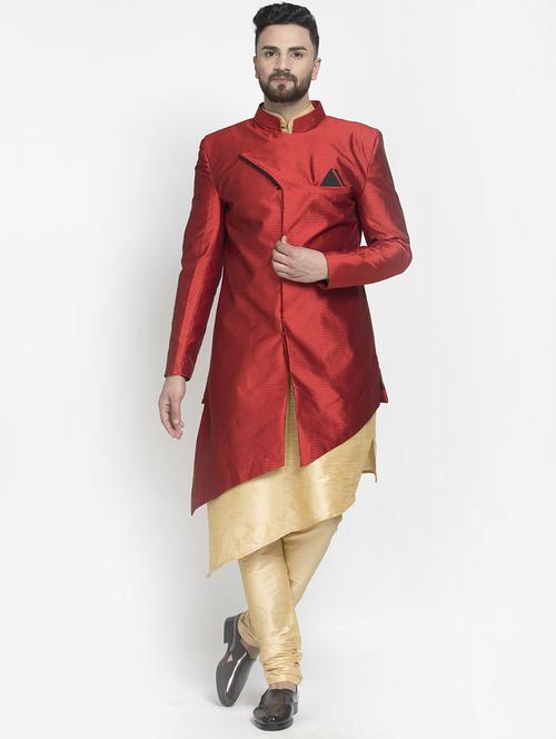 red jacquard silk blend sherwani set - 17095241 - Very Small Image - 1