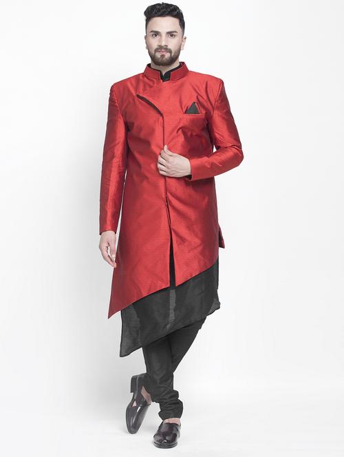 red jacquard silk blend sherwani set - 17095546 - Very Small Image - 1