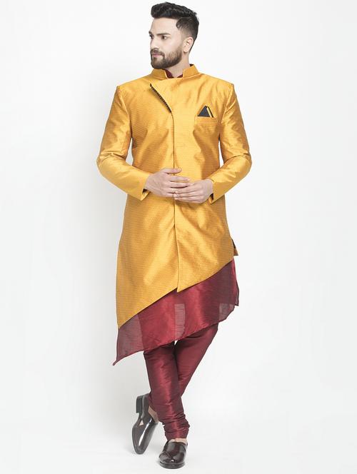 gold jacquard silk blend sherwani set - 17095553 - Very Small Image - 1