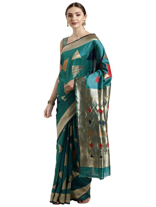 turquoise silk blend kanjivaram saree with blouse - 17096476 - Very Small Image - 1