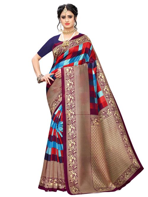 checkered printed saree with blouse - 17096483 - Very Small Image - 1