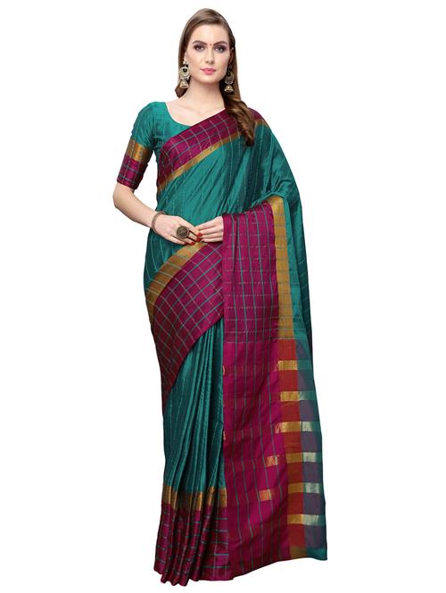 turquoise silk blend saree with blouse - 17096493 - Very Small Image - 1