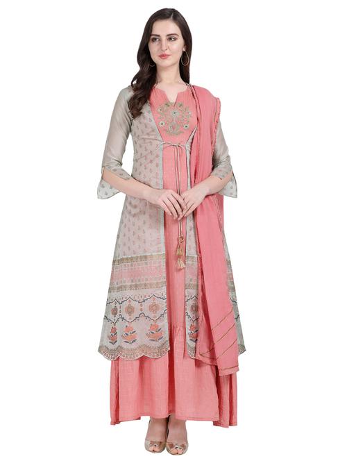 grey a-line semi-stitched suit - 17098866 - Very Small Image - 1