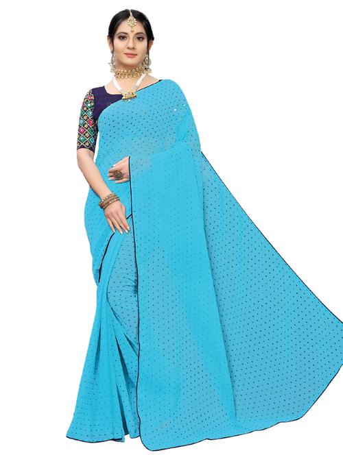turquoise solid saree with blouse - 17099997 - Very Small Image - 1