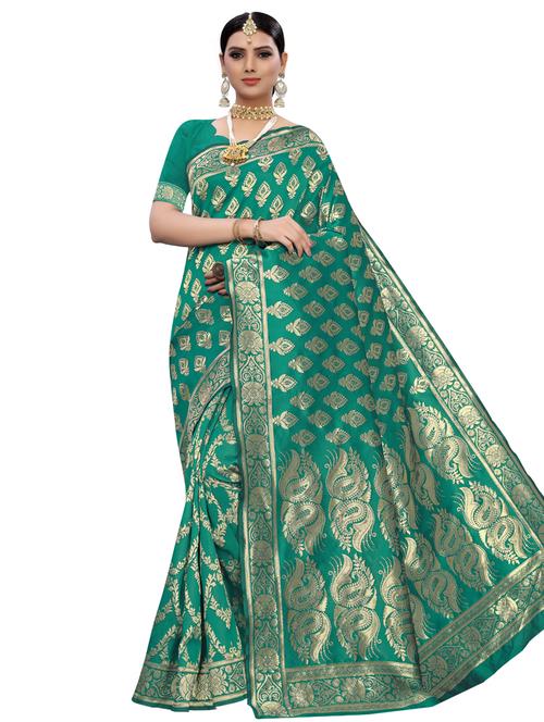 green silk blend kanjivaram saree with blouse - 17100019 - Very Small Image - 1