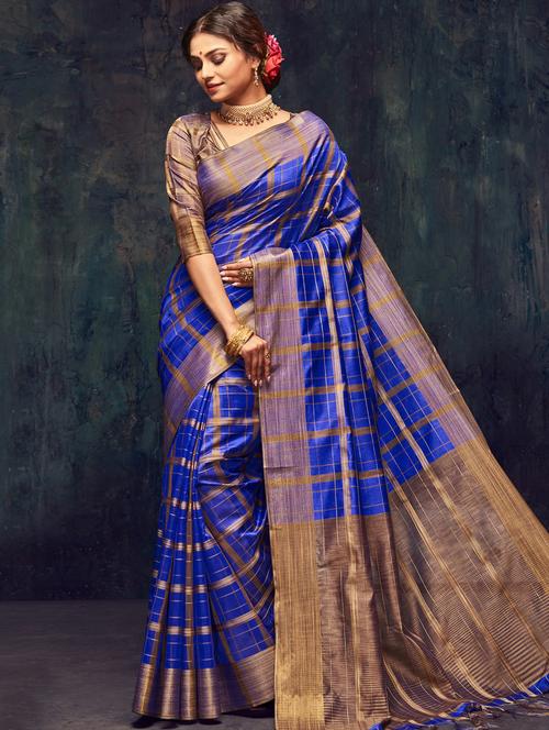 checkered woven saree with blouse - 17103199 - Very Small Image - 1
