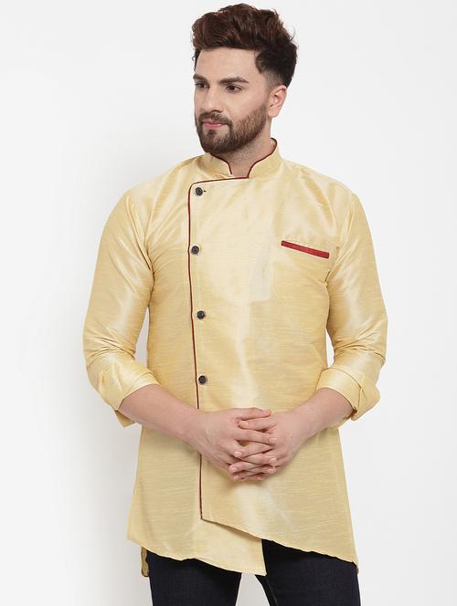 beige solid silk blend asymmetric short kurta - 17110399 - Very Small Image - 1