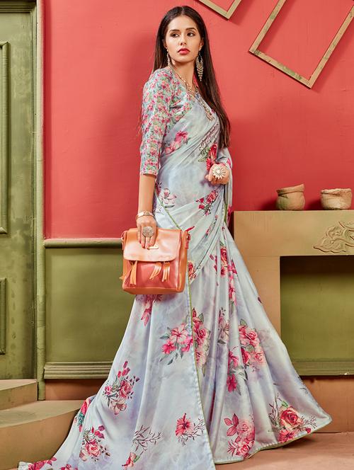 floral printed saree with blouse - 17112129 - Very Small Image - 1