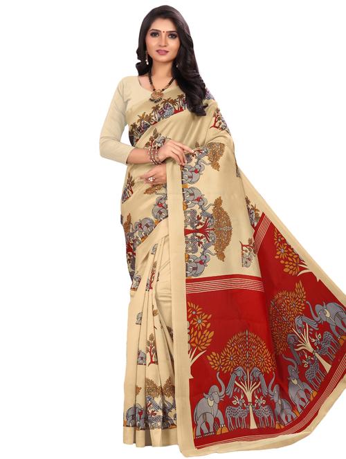 women's printed beige colored saree with blouse - 17112874 - Very Small Image - 1