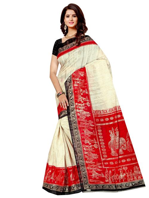 women's self design cream colored saree with blouse - 17112921 - Very Small Image - 1