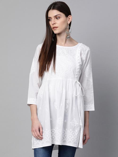 ada hand embroidered white cotton chikankari short kurta - 17115802 - Very Small Image - 1