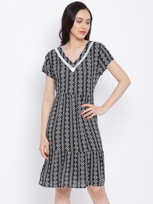 lace insert printed a-line dress - 17116372 - Very Small Image - 1