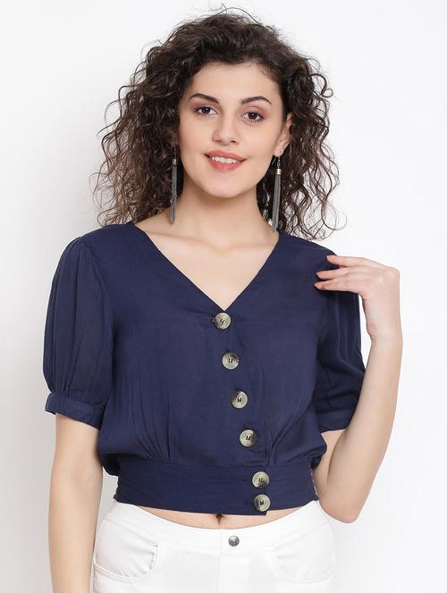 v-neck solid crop top - 17116412 - Very Small Image - 1