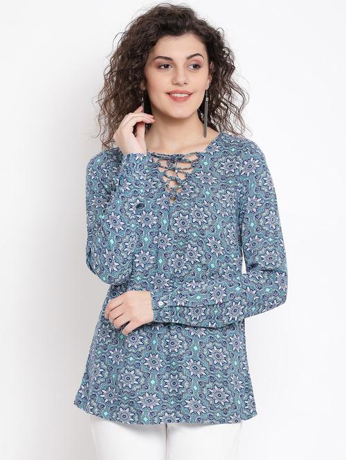 lace up neck floral top - 17116433 - Very Small Image - 1