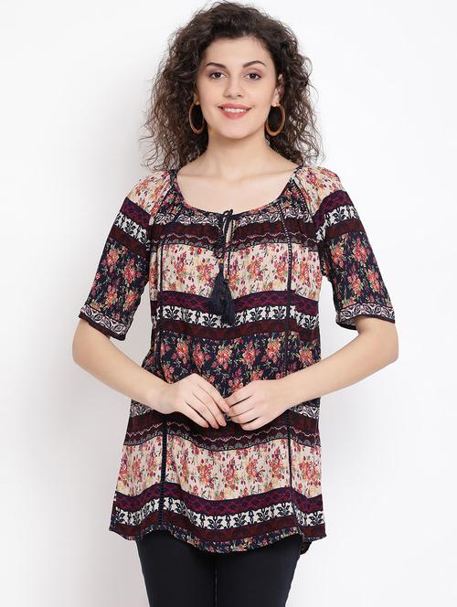 tie up neck multi print tunic - 17116444 - Very Small Image - 1