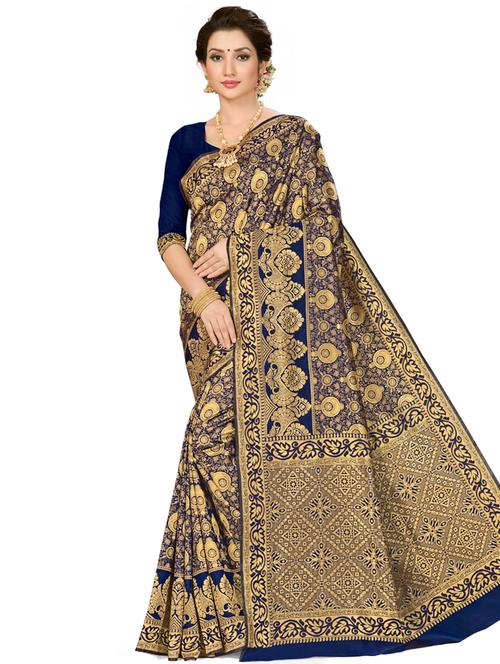 navy art silk banarasi saree with blouse - 17120154 - Very Small Image - 1