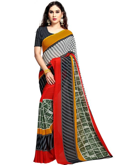 checkered printed saree with blouse - 17120370 - Very Small Image - 1