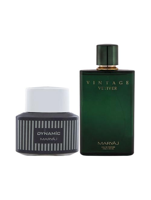 maryaj dynamic edp spicy 100ml for men and maryaj vintage vetiver edp aromatic 100ml for unisex + 2 parfum testers free - 17121000 - Very Small Image - 1