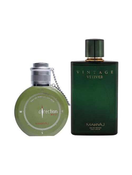 maryaj direction west edp green 100ml for men and maryaj vintage vetiver edp 100ml for unisex + 2 parfum testers free - 17121007 - Very Small Image - 1