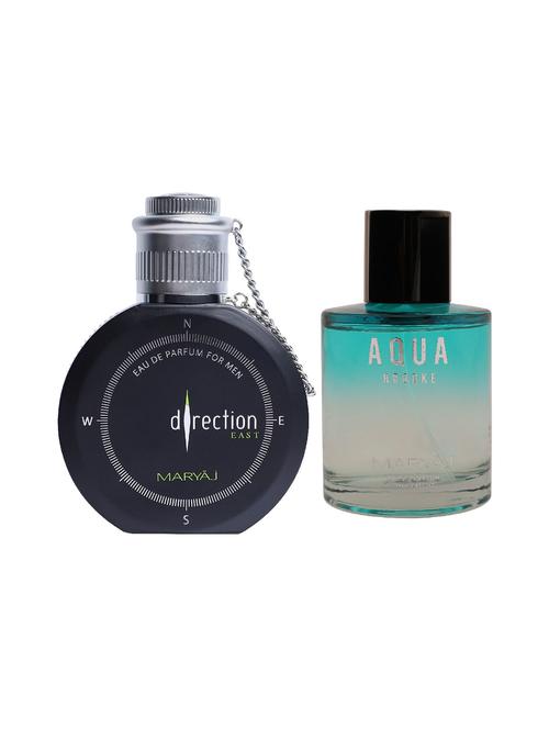 maryaj direction east edp spicy 100ml for men and maryaj aqua brooke edp 100ml for women + 2 parfum testers free - 17121116 - Very Small Image - 1