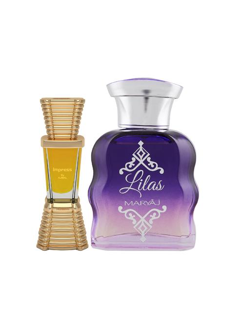 ajmal impress concentrated oil alcohol-free attar 10ml for men and maryaj lilas edp 100ml for women + 2 parfum testers free - 17121744 - Very Small Image - 1