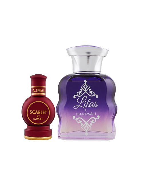 ajmal scarlet cp alcohol-free attar 12ml for unisex and maryaj lilas edp 100ml for women + 2 parfum testers free - 17121756 - Very Small Image - 1