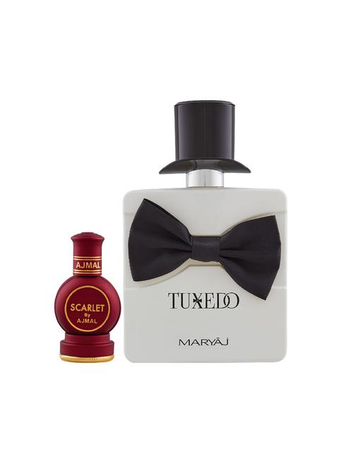 ajmal scarlet cp alcohol-free attar 12ml for unisex and maryaj tuxedo edp 100ml for men + 2 parfum testers free - 17121778 - Very Small Image - 1