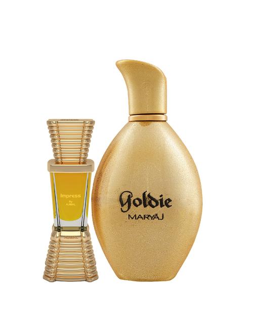 ajmal impress concentrated oil alcohol-free attar 10ml for men and maryaj goldie edp 100ml for women + 2 parfum testers free - 17121788 - Very Small Image - 1