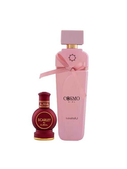 ajmal scarlet cp alcohol-free attar 12ml for unisex and maryaj cosmo girl edp 100ml for women + 2 parfum testers free - 17121887 - Very Small Image - 1