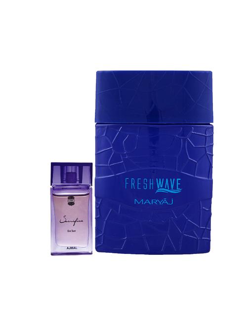 ajmal sacrifice for her cp alcohol-free attar 10ml for women and maryaj fresh wave edp 100ml for men + 2 parfum testers free - 17121907 - Very Small Image - 1