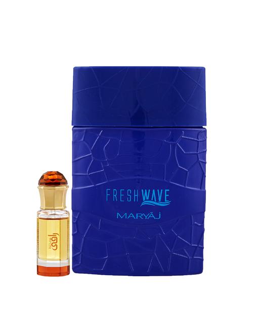 ajmal mukhallat raaqi cp alcohol-free attar 10ml for unisex and maryaj fresh wave edp 100ml for men + 2 parfum testers free - 17121910 - Very Small Image - 1