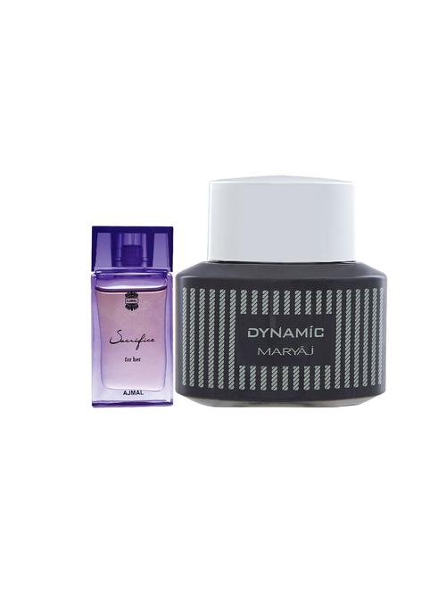 ajmal sacrifice for her cp alcohol-free attar 10ml for women and maryaj dynamic edp 100ml for men + 2 parfum testers free - 17121951 - Very Small Image - 1