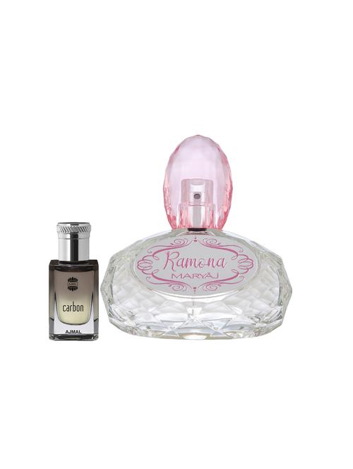 ajmal carbon concentrated oil alcohol-free attar 10ml for men and maryaj ramona edp 100ml for women + 2 parfum testers free - 17121962 - Very Small Image - 1