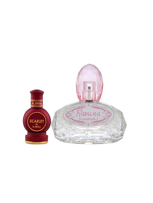 ajmal scarlet cp alcohol-free attar 12ml for unisex and maryaj ramona edp 100ml for women + 2 parfum testers free - 17121975 - Very Small Image - 1