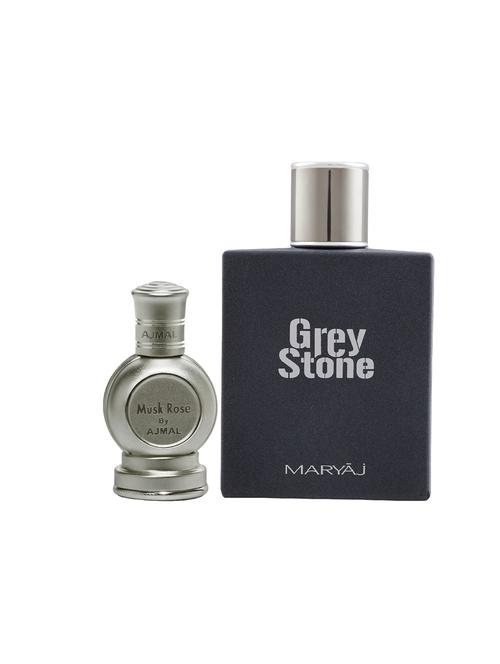 ajmal rose cp musky alcohol-free attar 12ml for unisex and maryaj grey stone edp 100ml for men + 2 parfum testers free - 17121979 - Very Small Image - 1