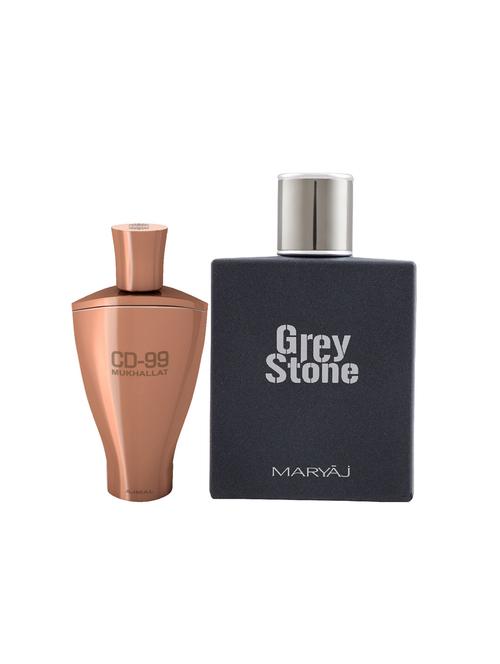 ajmal cd 99 mukhallat cp alcohol-free attar 14ml for unisex and maryaj grey stone edp 100ml for men + 2 parfum testers free - 17121991 - Very Small Image - 1