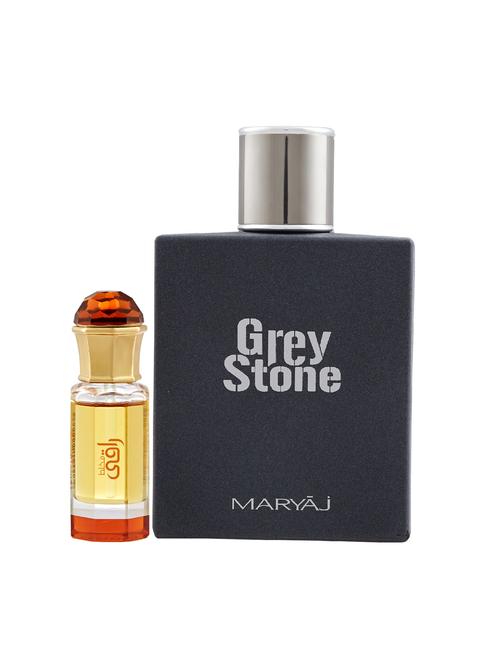 ajmal mukhallat raaqi cp alcohol-free attar 10ml for unisex and maryaj grey stone edp 100ml for men + 2 parfum testers free - 17121998 - Very Small Image - 1